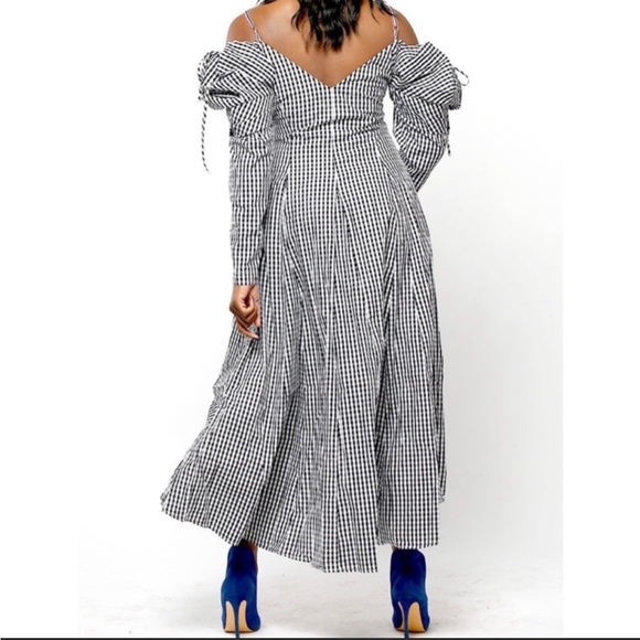 Checkered Off Shoulder Puff Sleeve Black and White High Low Dress - Picture 2 of 3